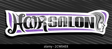 Vector banner for Hair Salon, white decorative sign board with women face, unique brush letters for black words hair salon, elegant signage for profes Stock Vector