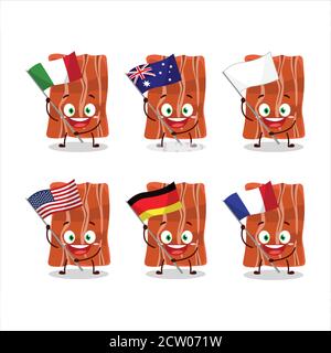 Fried bacon cartoon character bring the flags of various countries Stock Vector