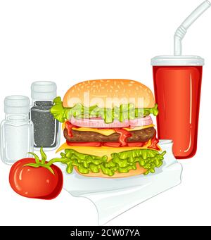 Still life with big burger, cola, salt, pepper and tomato. Vector color illustration isolated on white background. Burger Menu. Fast food icon. Stock Vector