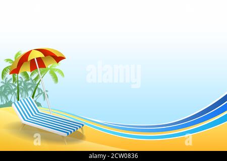 Abstract background summer beach vacation deck chair red umbrella green palm blue yellow frame illustration vector Stock Vector
