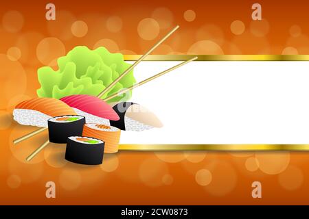 Background abstract food sushi orange yellow green stripes gold frame illustration vector Stock Vector