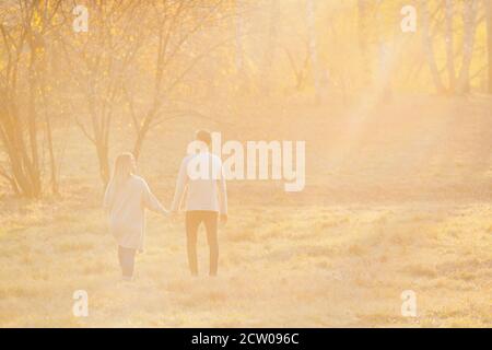 Back view, couple in love man and woman holding hands, sunlight yellow Stock Photo
