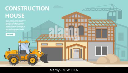 Steps to Building a huse.House Construction works.Family dwelling.Installation of windows and doors. Stock Vector