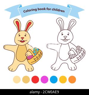 Rabbit with a basket easter eggs. Isolated on white background. Stock Vector