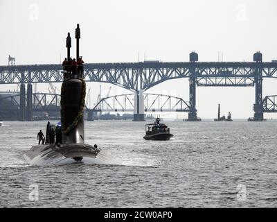 200925-N-AY957-001 GROTON, Conn. (September 25, 2020) - The Virginia-class submarine USS Indiana (SSN 789) arrives at Naval Submarine Base New London in Groton, Conn. Sept. 25. Indiana returned to homeport from its maiden six-month deployment in support of the Navy's maritime strategy - supporting national security interests and maritime security operations - in the 6th Fleet area of operations. (U.S. Navy photo by Petty Officer 3rd Class Christian Bianchi/RELEASED) Stock Photo