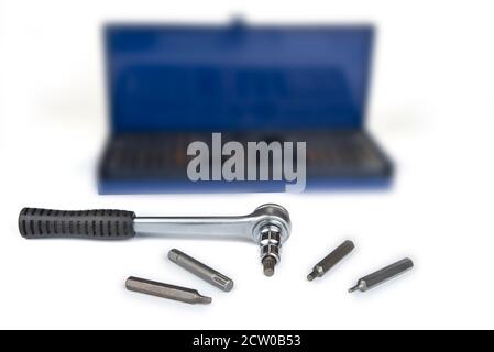 Ratchet with torx bits on a white background Stock Photo