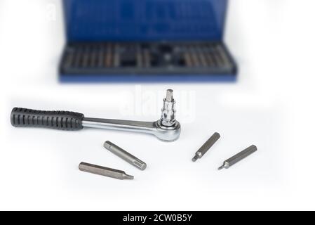 Ratchet with torx bits on a white background Stock Photo