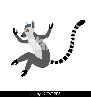 Cute funny ring-tailed lemur jumps. Exotic Lemur catta. Vector illustration in cartoon and flat style Stock Vector