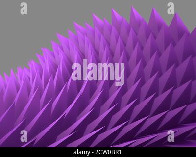 Abstract 3D rendering of free form wave with sharp pyramid shaped purple violet thorns on a grey background Stock Photo