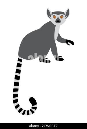 Cute funny ring-tailed lemur sitting. Exotic Lemur catta. Vector illustration in cartoon and flat style Stock Vector