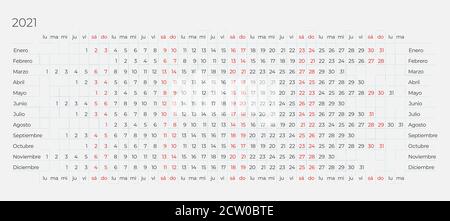 Calendar 2021 in Spanish on light background. 12 months line by line. Linear calendar. Simple and clean horizontal Vector editable template Stock Vector