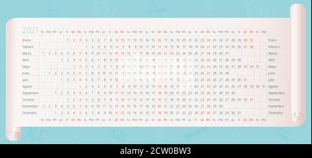 Calendar 2021 year in Spanish. 12 months line by line. Creative linear calendar on parchment. Horizontal Vector editable template Stock Vector