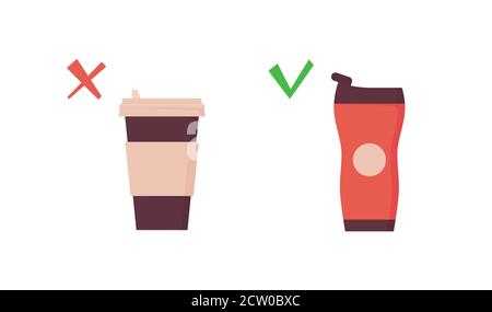 Reusable tumbler vs disposable cup. Takeaway coffee mug on zero waste poster Stock Vector