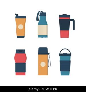 Tumblers With Cover, Travel Thermo Mugs, Reusable Cups For Hot Drinks Stock Vector