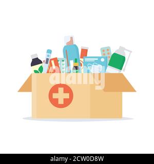 Open cardboard box with a set of drugs inside. Pharmacy vector concept. Stock Vector