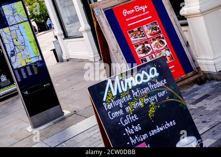 Restaurant Pavement Advertising Boards Attracting Customers In hospitality Industry Crisis COVID-19 Stock Photo