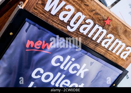 Wagamama Restaurant Pavement Advertising Boards Attracting Customers In Hospitality Industry Crisis COVID-19 Stock Photo