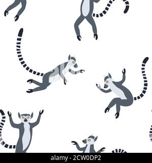 Exotic Madagascan lemurs with long striped tails. Hand drawn vector seamless pattern Stock Vector