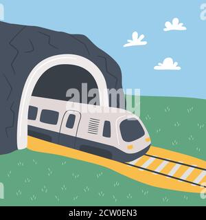 High-speed train and mountain tunnel. Hand drawn vector illustration Stock Vector