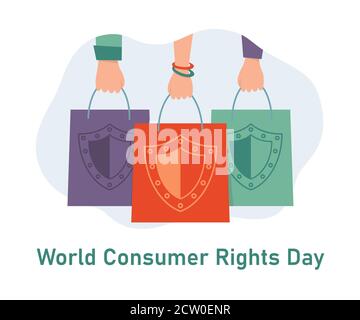 World Consumer Rights Day. Hands with shopping bags. Shield sign on the package. Greeting card for consumer protection day. Vector illustration Stock Vector