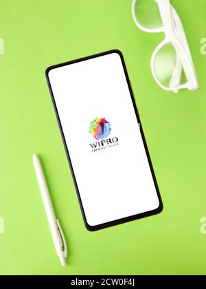 Assam, india - September 24, 2020 : Wipro logo on phone screen stock image. Stock Photo