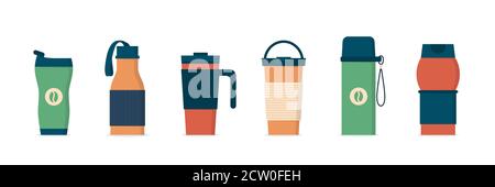 Tumblers with cover, travel thermo mugs, reusable cups for hot drinks Stock Vector