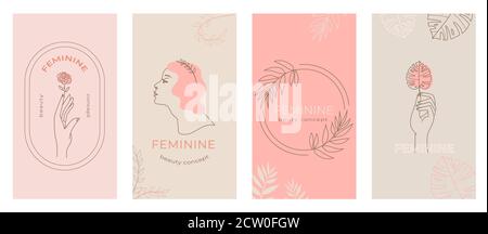 Linear abstract feminine logo emblems vector set Stock Vector