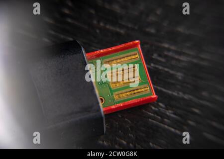 USB connector with printed electronic circuit. Macro photo. Extreme close-up. Stock Photo