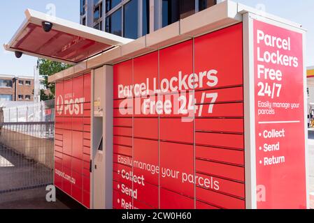 Australia Post parcel lockers at the rear of the post office in the Sydney suburb of Annandale, New South Wales, Australia Stock Photo