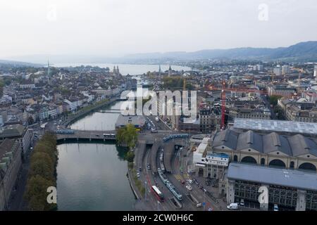 View of Zurich Switzerland, from the train station to the Lake, overviewing the river Limmat, Drone image. Image taken September 2020 Stock Photo