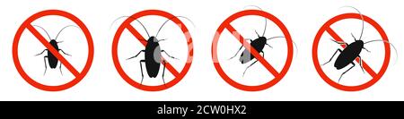 The cockroach with red ban sign. STOP cockroach sign isolated. Set of kill of cockroach icons. Vector illustration. Stock Vector