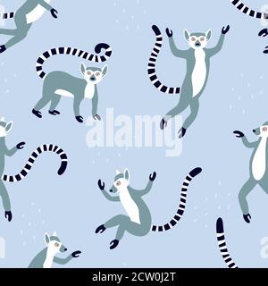 Exotic lemurs with long striped tails. Vector seamless pattern design. Cute animals isolated Stock Vector