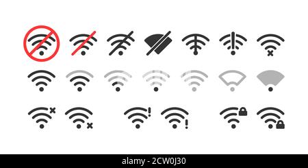 Wireless icon set. No wifi. Different levels of Wi Fi signal. Vector illustration Stock Vector