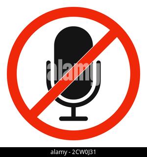 No Mic allowed. Mic ban icon. Microphone is prohibited. Stop or ban red ...