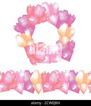 Set of round frame with cute multicolored pink crystals with highlights and seamless border.  Objects separate from the background. Vector cartoon tem Stock Vector