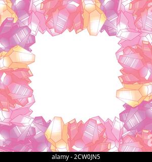 Square greeting card with cute multicolored pink crystals with highlights. Vector cartoon template for cards, invitation, banners and your creativity. Stock Vector