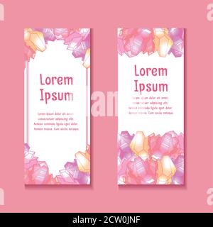 Set of vertical banner with cute multicolored pink crystals with highlights and place for text.  Objects separate from the background. Vector cartoon Stock Vector