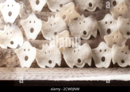 Group of various scary ghost, Halloween background modern wooden design, october horror style Stock Photo