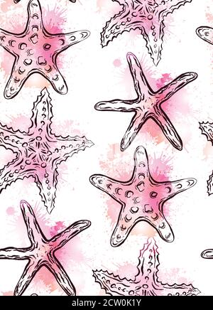 Seamless  texture with contour starfishes with pink watercolor splashes. Vector pattern for fabrics, backgrounds, wallpapers and your creativity Stock Vector