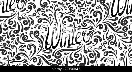 Seamless calligraphic pattern with Lettering Winter written by hand and tracery pattern. Balck and white texture for wraps, wallpapers, fabrics and yo Stock Vector