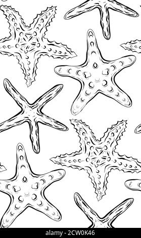 Seamless black and white texture with contour starfishes. Vector pattern for fabrics, backgrounds, wallpapers and your creativity Stock Vector