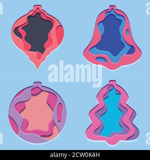 Set of 3d festive Illustrations of Christmas decorations cut from paper.  Vector element for your creativity Stock Vector