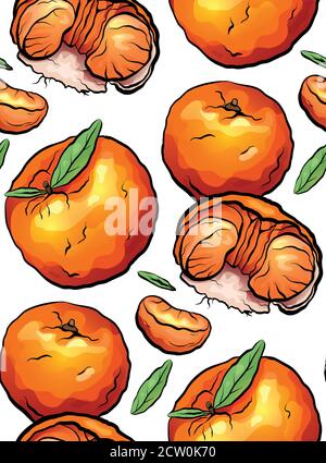 Seamless pattern of color cartoon illustrations of mandarin and citrus on white background. Vector texture for wrapper, wallpaper, textile and your cr Stock Vector