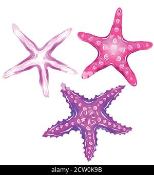 Set of neon cartoon illustrations of starfishes. The object is separate from the background. Illustration for printing on T-shirts, covers, sketches o Stock Vector