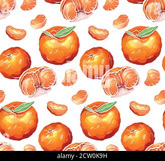 Seamless pattern of color cartoon illustrations of mandarin and citrus on white background. Vector texture for wrapper, wallpaper, textile and your cr Stock Vector