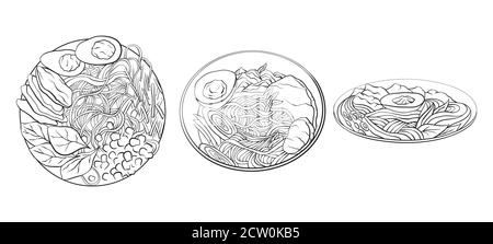 Contour black and white cartoon illustration of  ramen in different angles. Noodles. Vector element for the menu, card, coloring pages and your creati Stock Vector