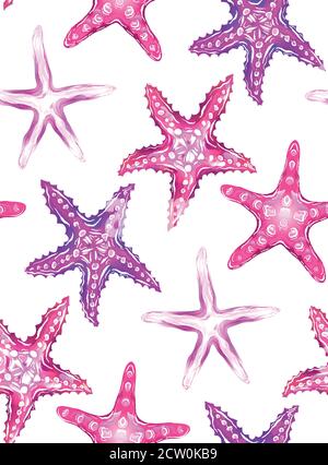 Seamless texture with neon cartoon illustrations of starfishes on white background. Vector pattern for fabrics, backgrounds, wallpapers and your creat Stock Vector