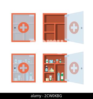 Red medical cabinet with open and closed glass transparent door. Medicine chest Stock Vector