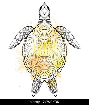 Contour black and white illustration of turtle with yellow watercolor splashes. The object is separate from the background. Linear illustration for pr Stock Vector