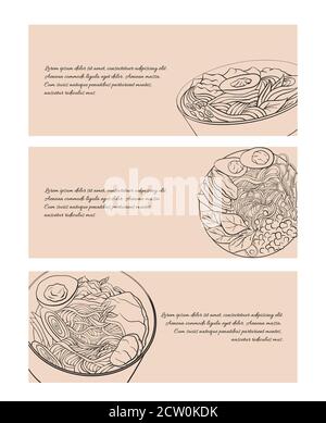 Set of horizontal banners with contour black and white cartoon illustration of  ramen in different angles. Noodles. Vector template for menus, sites, Stock Vector